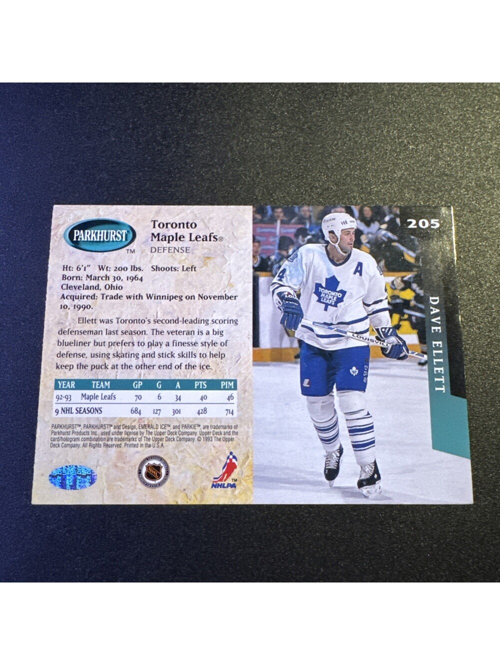 Autographed 1993-94 Parkhurst - Dave Ellett #205 TTM No COA - Picture 3 of 3